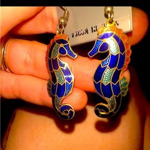 Vintag Cloisonné Seahorse Earrings In Light Blue & Dark Blue